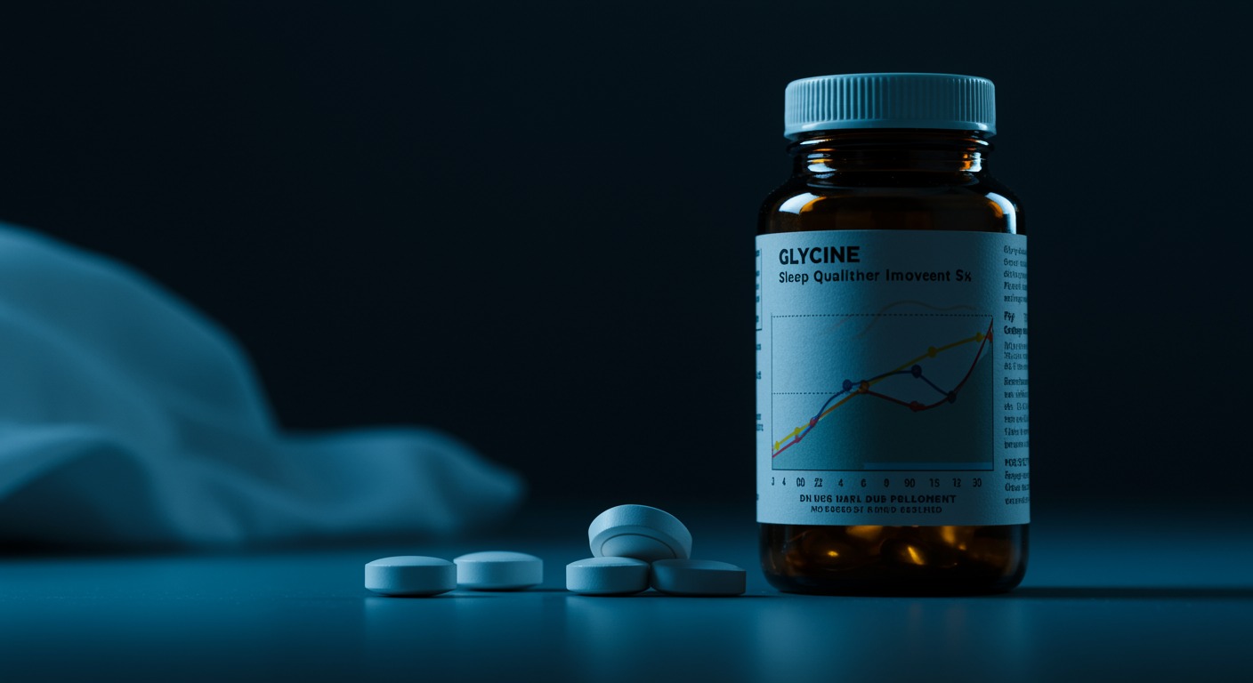 Photorealistic glycine supplement with sleep quality improvement visualization, showing polysomnographic data and enhanced sleep patterns, soft pharmaceutical lighting, no text