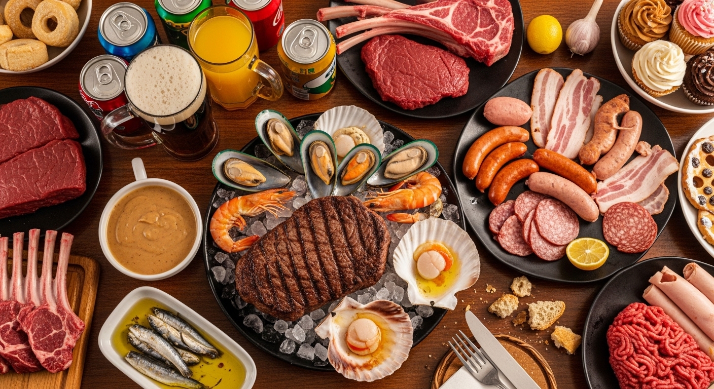 Table of food groups with arrows showing increased or decreased gout risk