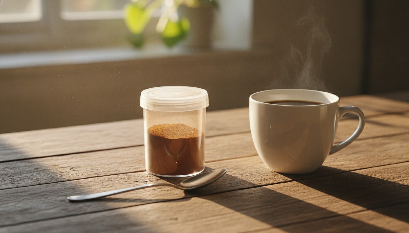 Small clear plastic container of ground cinnamon on a wooden kitchen counter beside a spoon and a cup of coffee in soft morning light