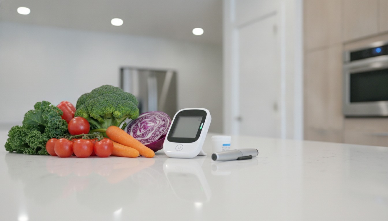 Blood glucose monitor next to fresh vegetables on a modern kitchen counter with bright overhead lighting
