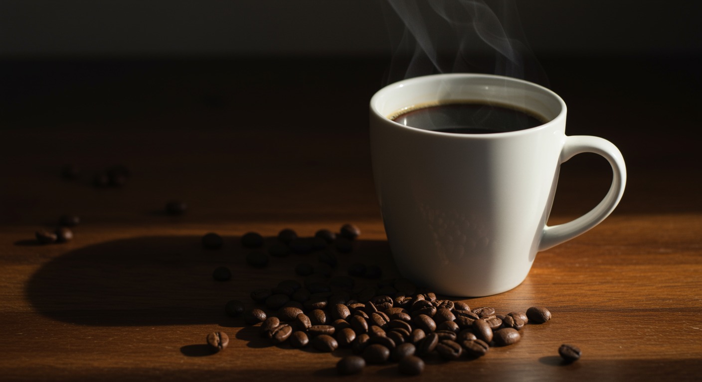 A white ceramic mug of dark coffee sitting on a wooden table next to fresh coffee beans in soft natural morning light