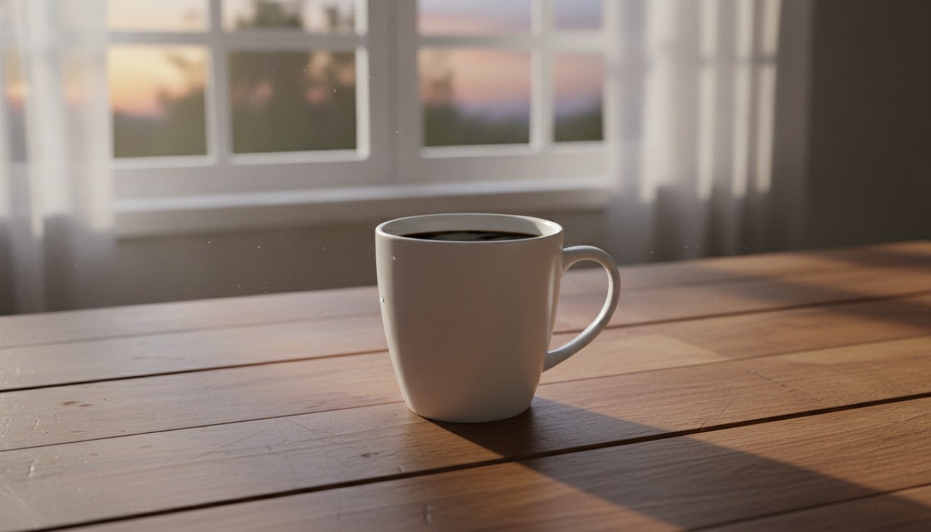 A plain white mug of black coffee sitting on a wooden kitchen counter in soft morning window light