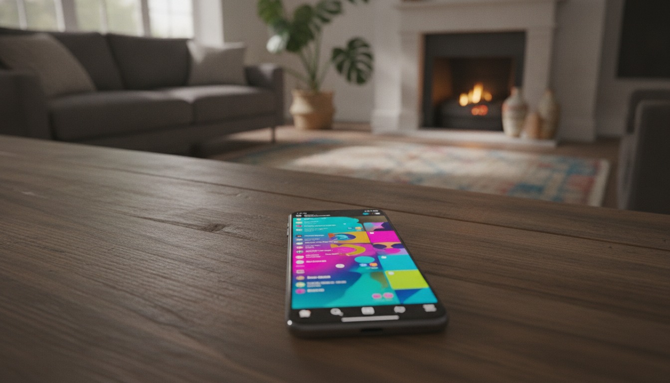 A smartphone lying face up on a wooden table showing a bright colorful social media feed, with a blurred living room in the background
