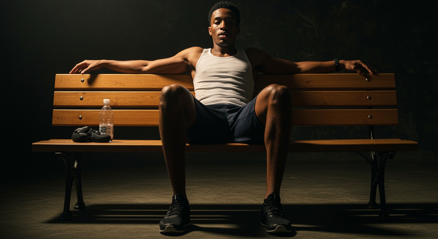 Athlete recovering on warm sunlit bench