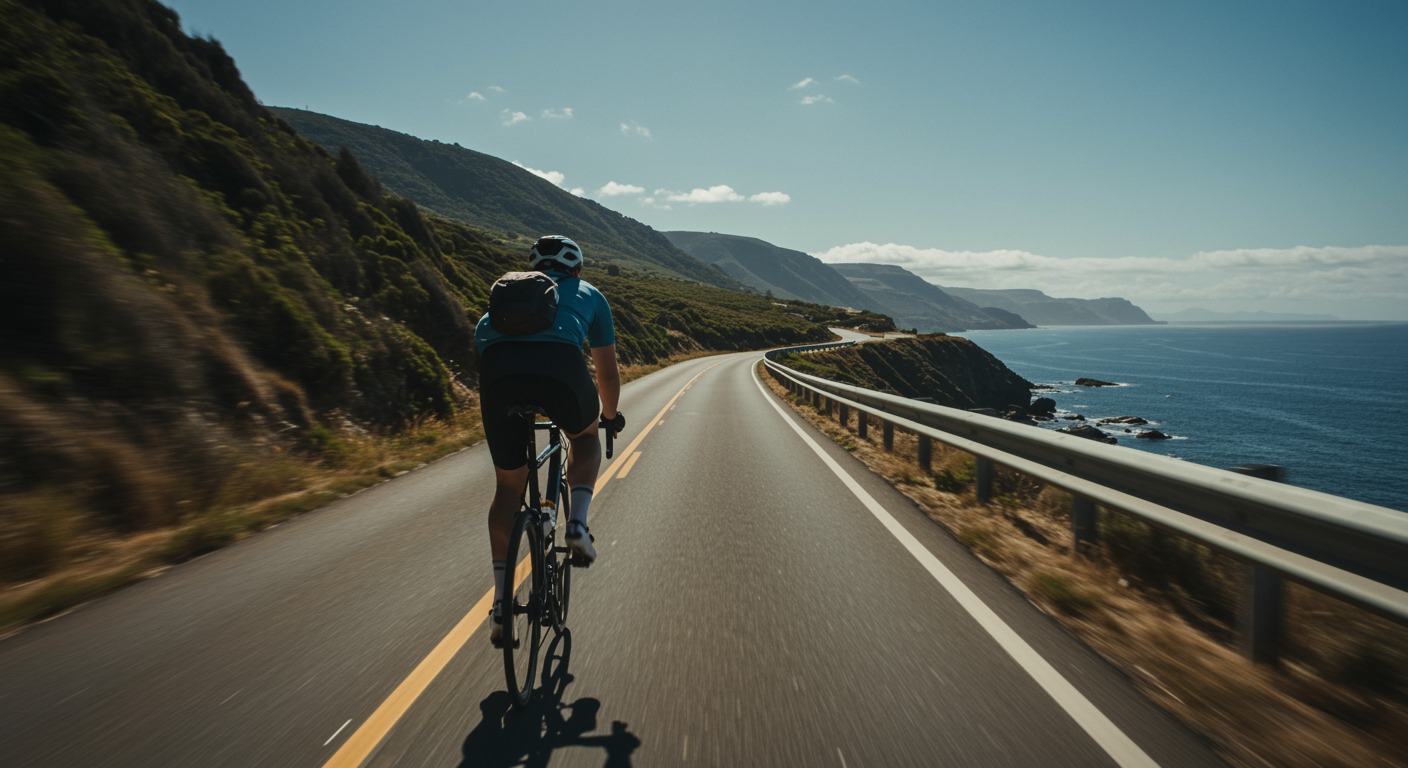 Cyclist pedaling on bright coastal road