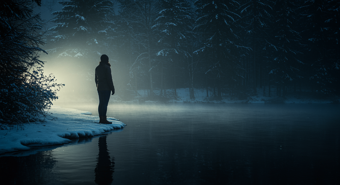 Person standing at edge of cold water with natural lighting