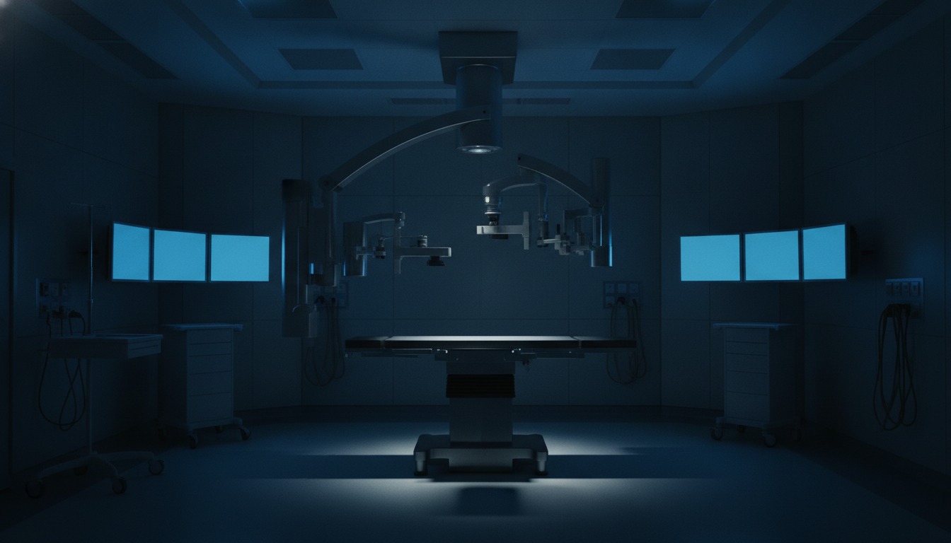 A dimly lit hospital catheterization lab with an empty procedure table under a large overhead imaging arm and blank monitors, soft blue light