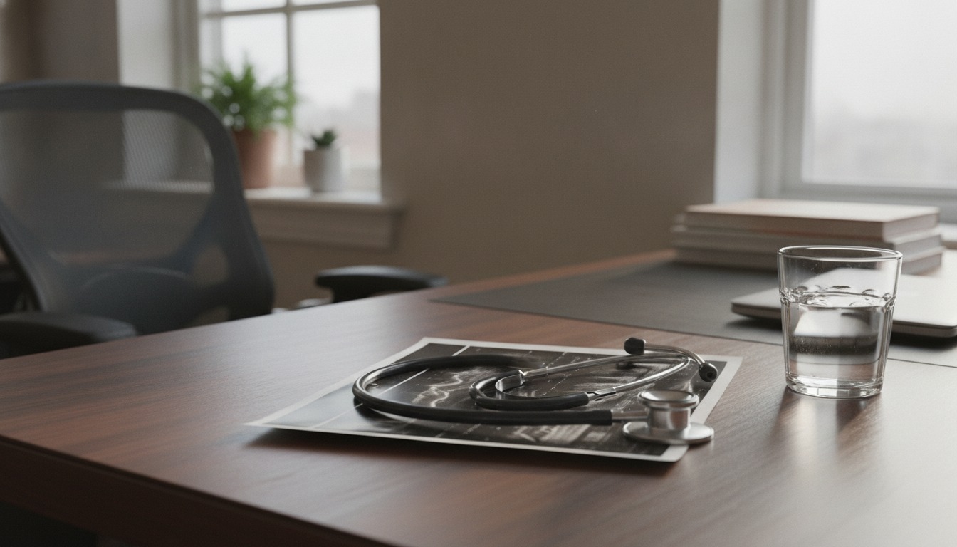A cardiologist's desk with a stethoscope, an echocardiogram printout, and a glass of water in soft natural window light