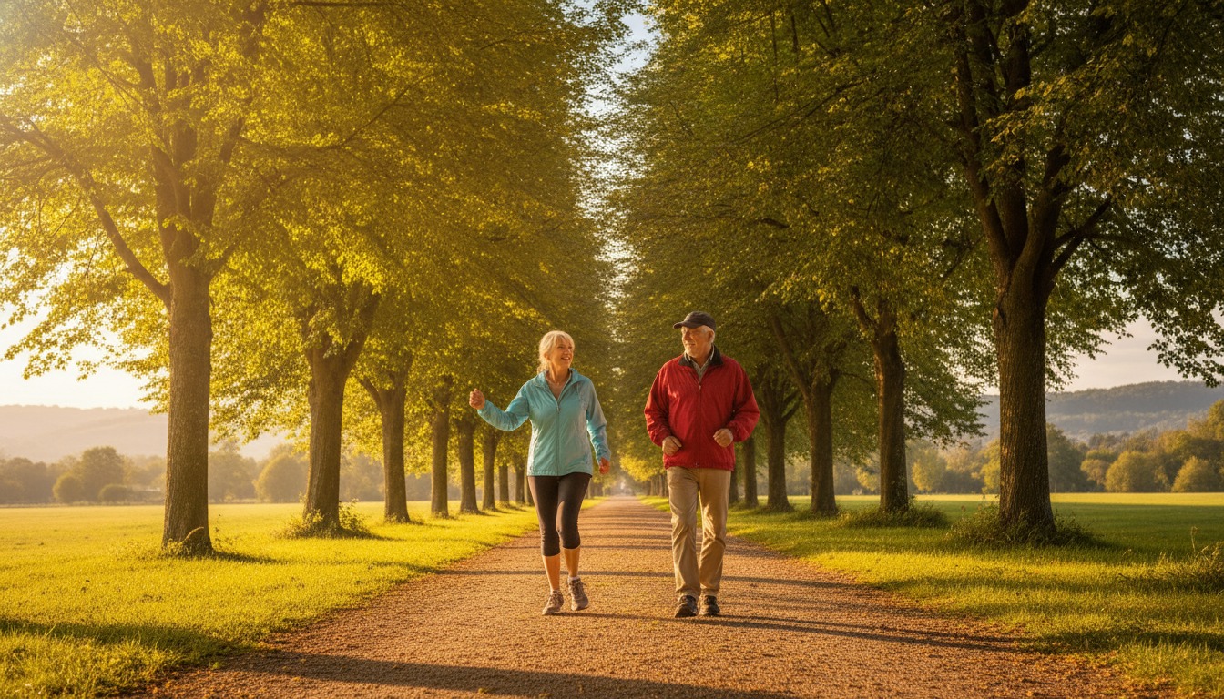 Older couple walking briskly together on a sunlit park path lined with green trees in warm golden afternoon light