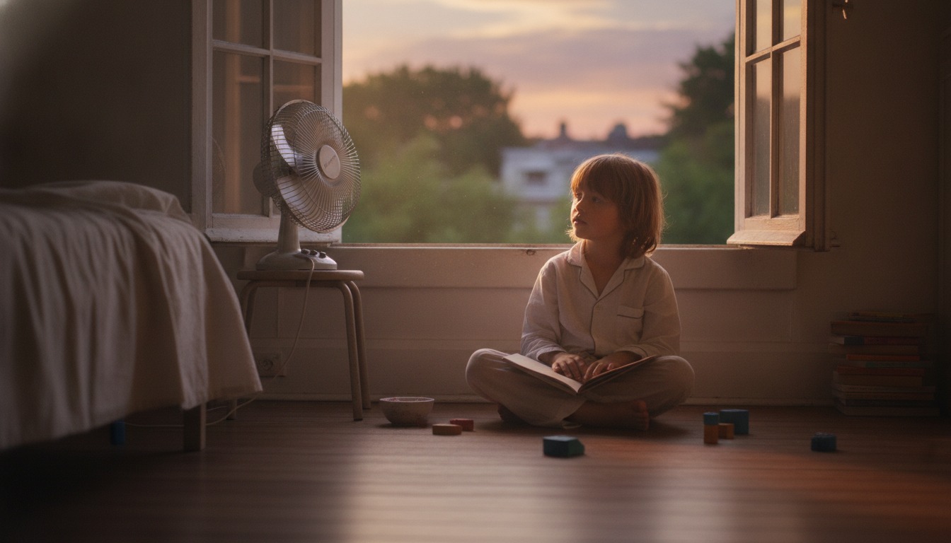 A child sitting on a bedroom floor beside an open window on a hot summer evening, with a small fan running nearby
