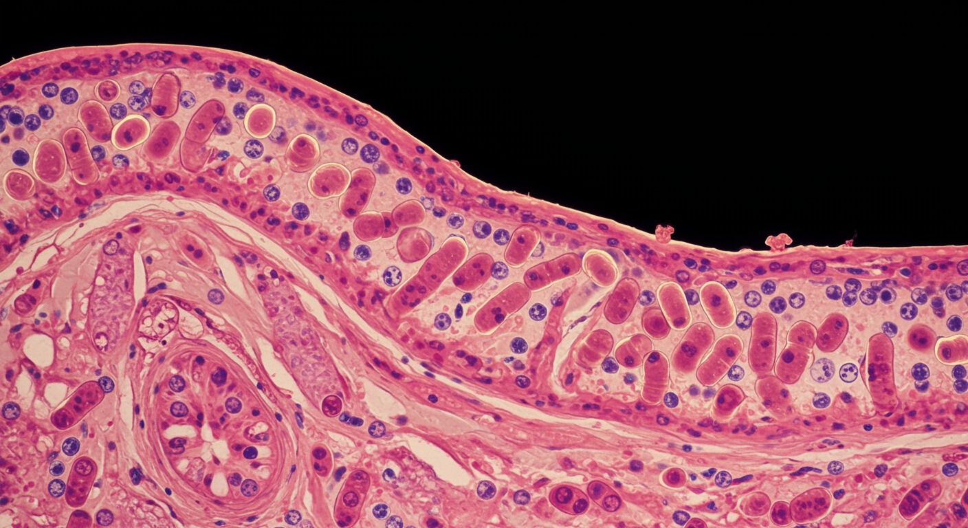 Microscopic view of Helicobacter pylori bacteria with esophageal tissue cross-section showing normal versus Barrett's metaplasia