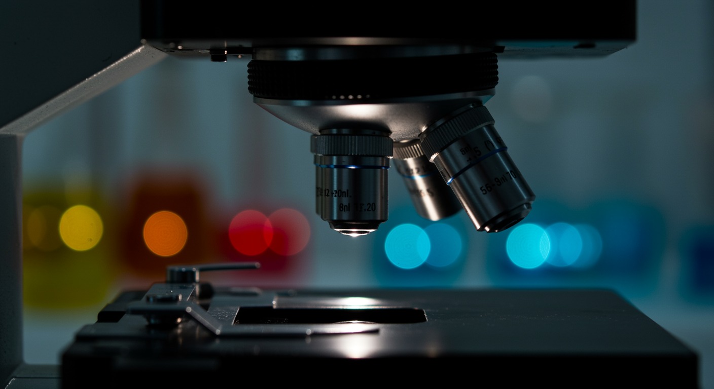 Close-up of a microscope lens with colorful out-of-focus lab equipment in the background