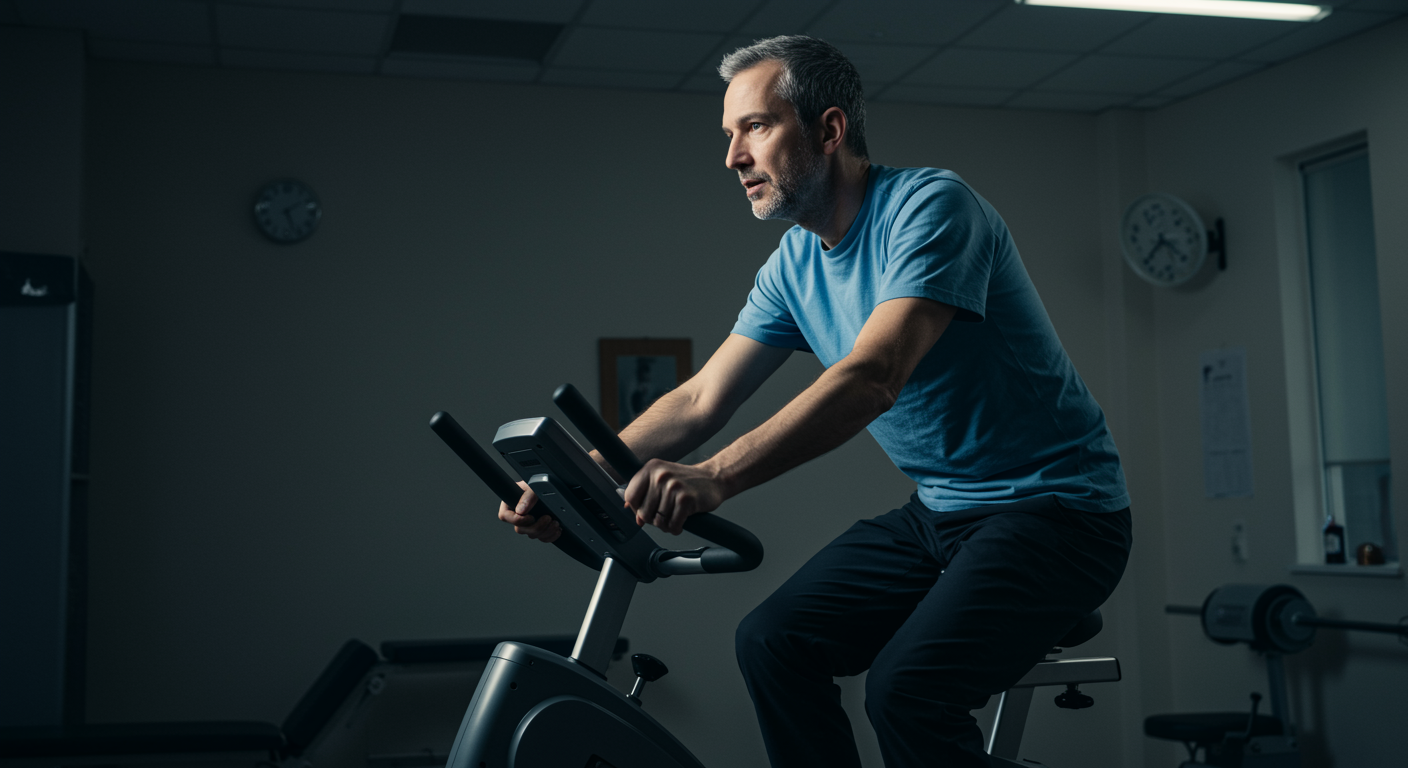 Patient exercising on cycle ergometer in rehabilitation facility