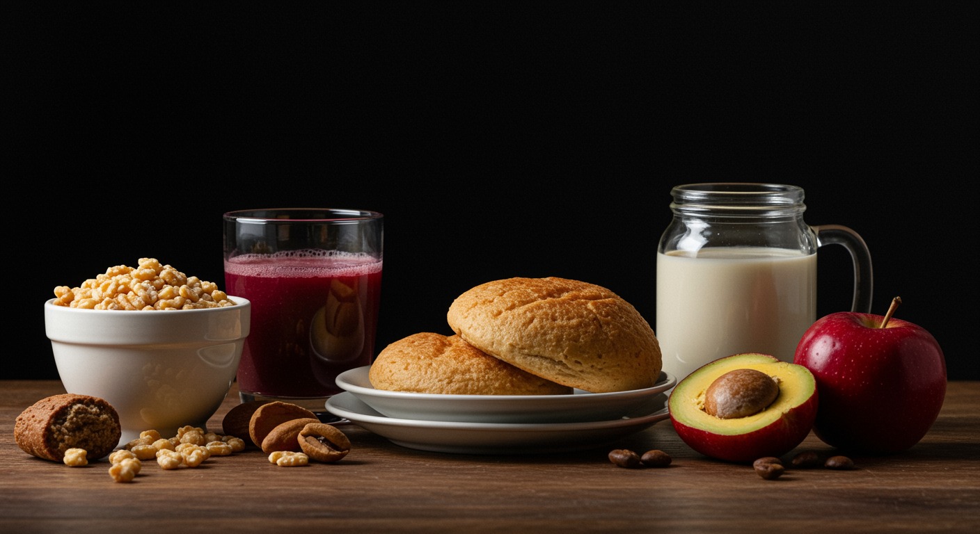 Photorealistic high-glycemic foods with sleep onset visualization, showing faster sleep initiation effects, soft nutritional lighting, no text