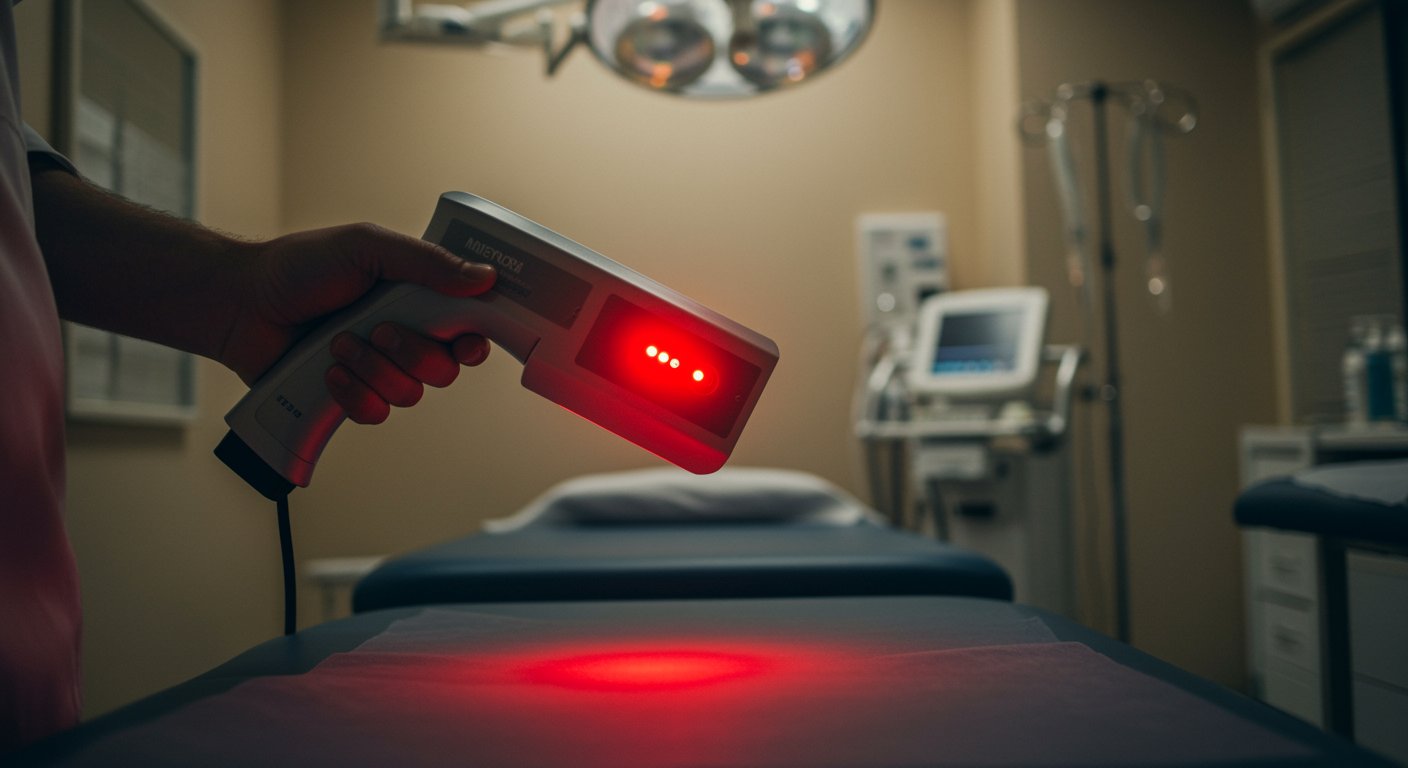 A handheld therapeutic red laser device glowing brightly, hovering above a treatment table in a clean modern physical therapy clinic, soft warm lighting, medical equipment in background, no people visible, photorealistic