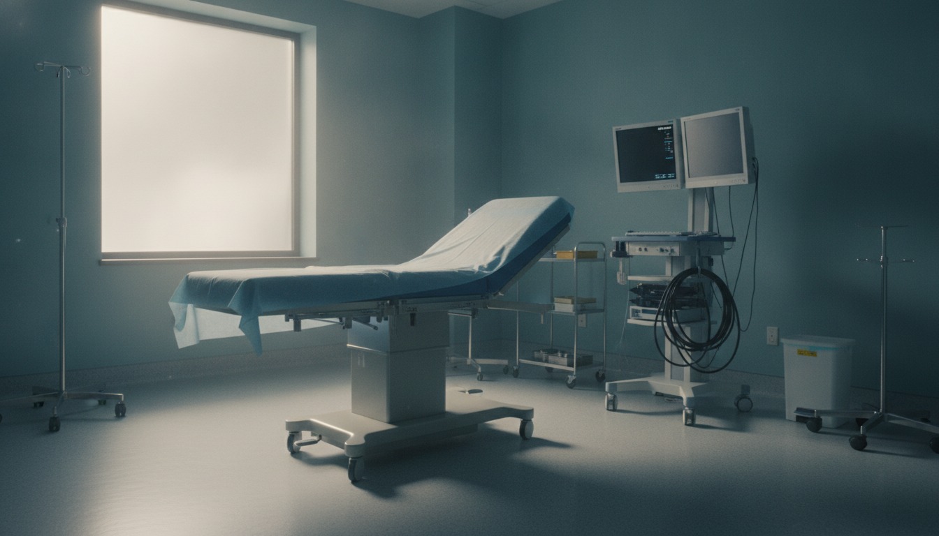 Empty endoscopy procedure room with a padded exam bed and monitor in soft morning window light