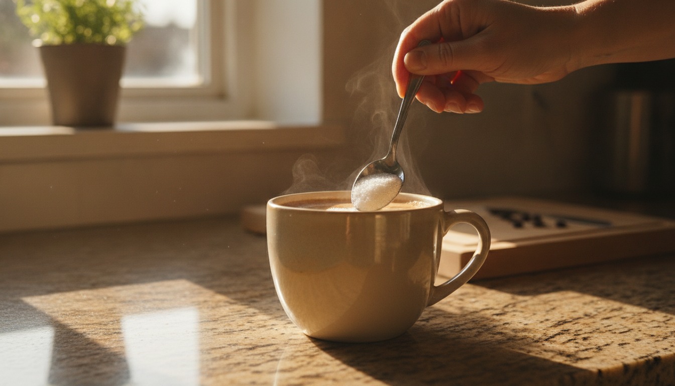 A hand stirring a spoonful of white granulated sweetener into a mug of coffee on a sunlit kitchen counter