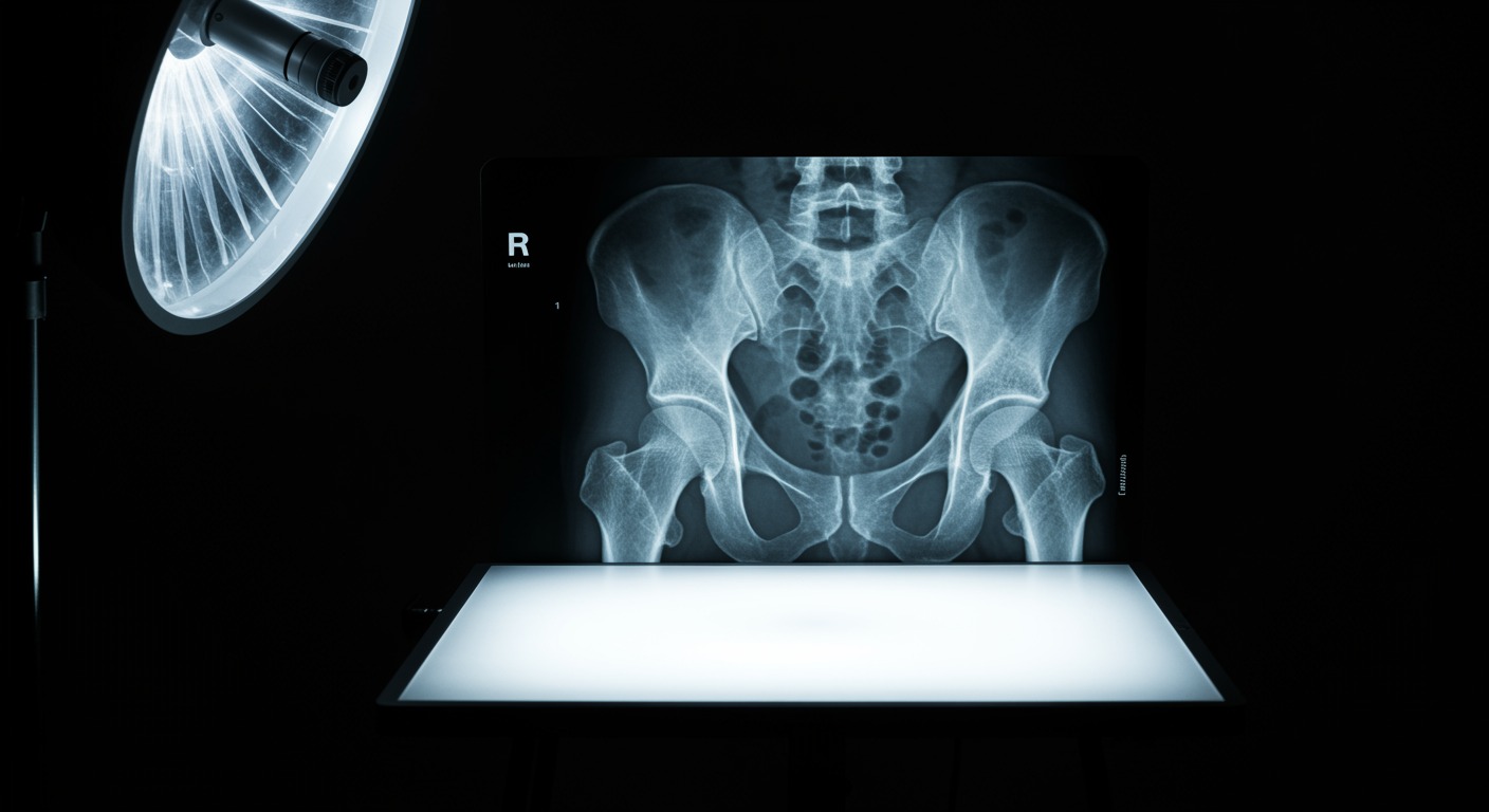 Hip bone X-ray on medical lightbox with professional lighting