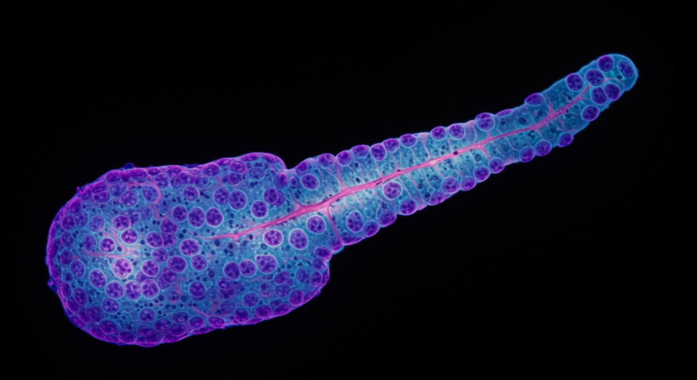 Pancreatic islet cells under microscope, beautiful blue and purple staining, no text, scientific photography