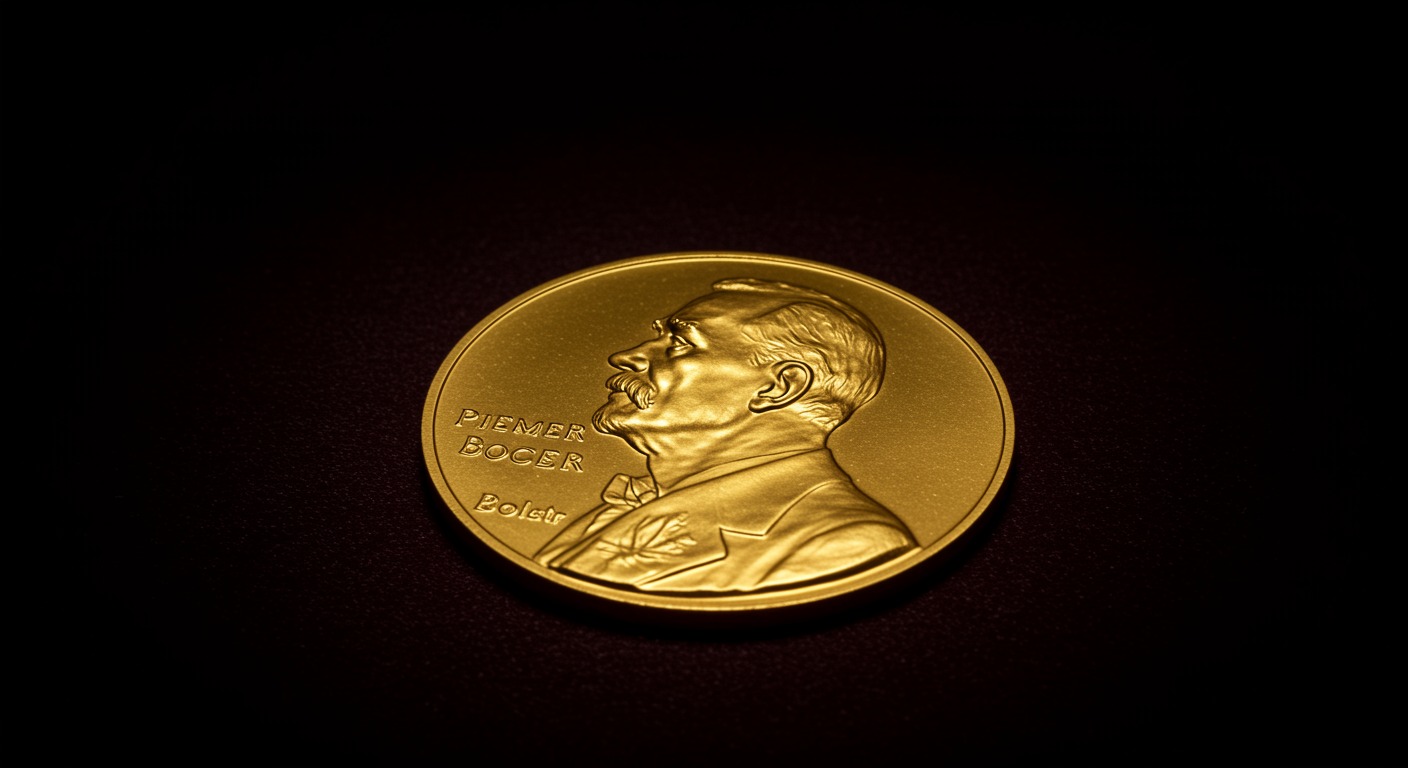 Golden Nobel Prize medal on dark velvet background, dramatic spotlight, no text, elegant composition