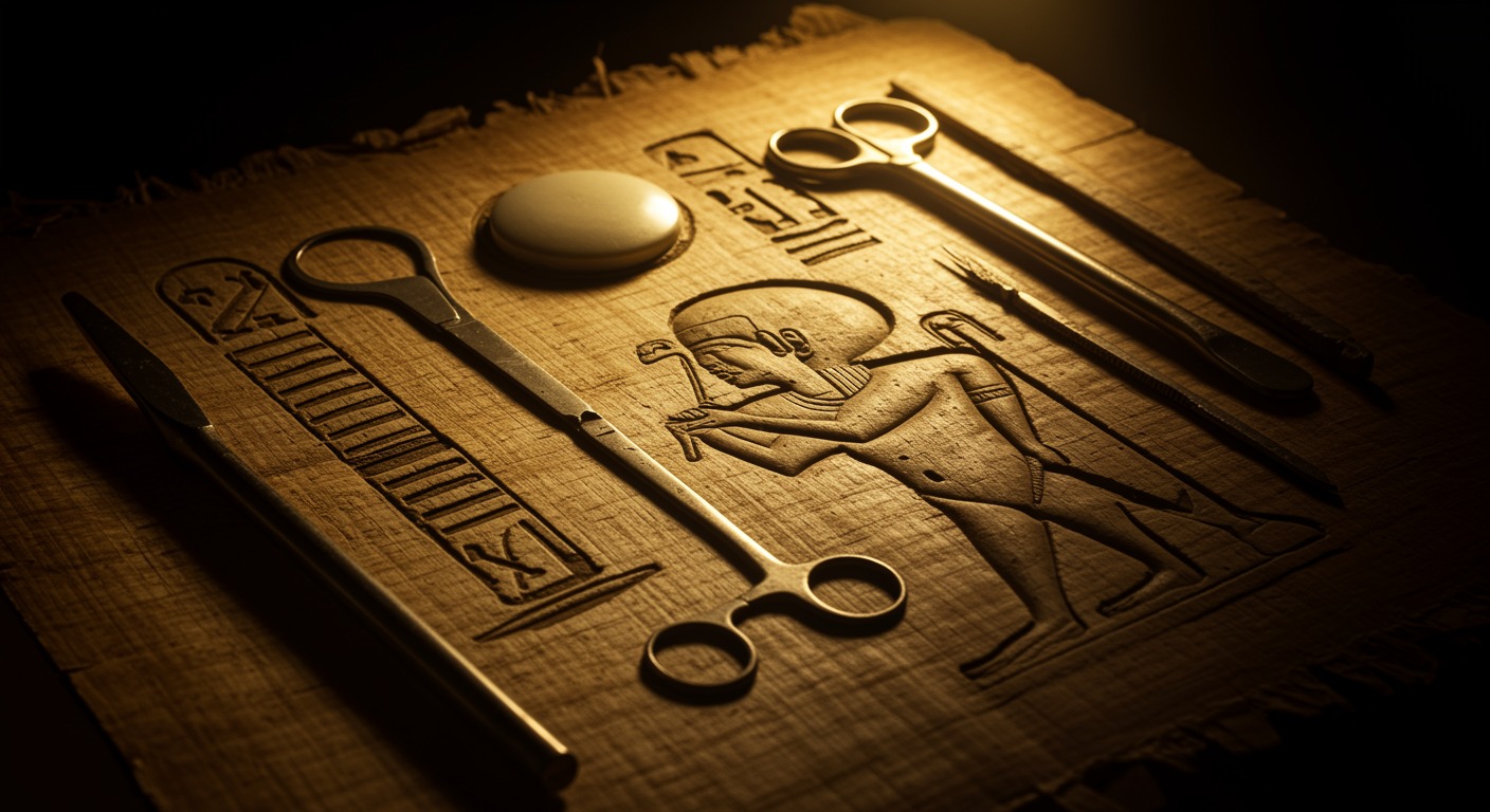 Ancient Egyptian stone carving with medical instruments on aged papyrus with warm lighting