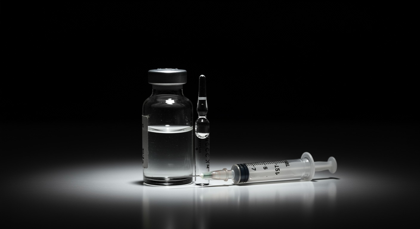 Vintage medical vial with vaccine and syringe on white surface with soft lighting