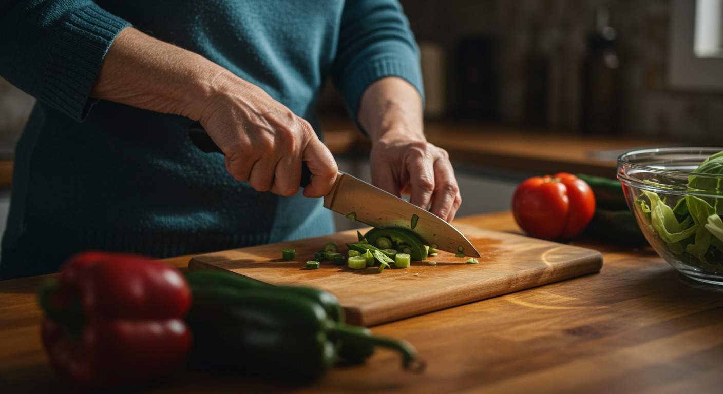 Elderly hands chopping fresh vegetables on a wooden cutting board in a bright sunlit kitchen