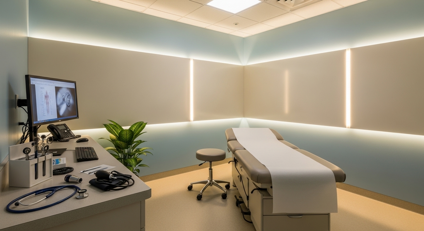 Medical consultation room with soft professional lighting