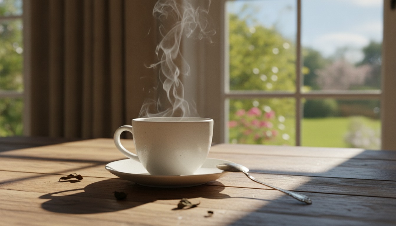 Steaming mug of tea cooling on a wooden kitchen table beside a sunny window