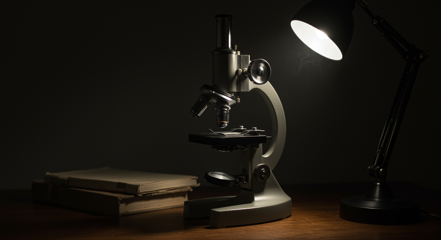 Antique microscope on wooden desk with natural window lighting