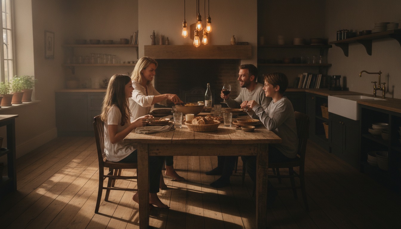 Family sharing a relaxed meal at a wooden dining table in a warmly lit kitchen with soft window light