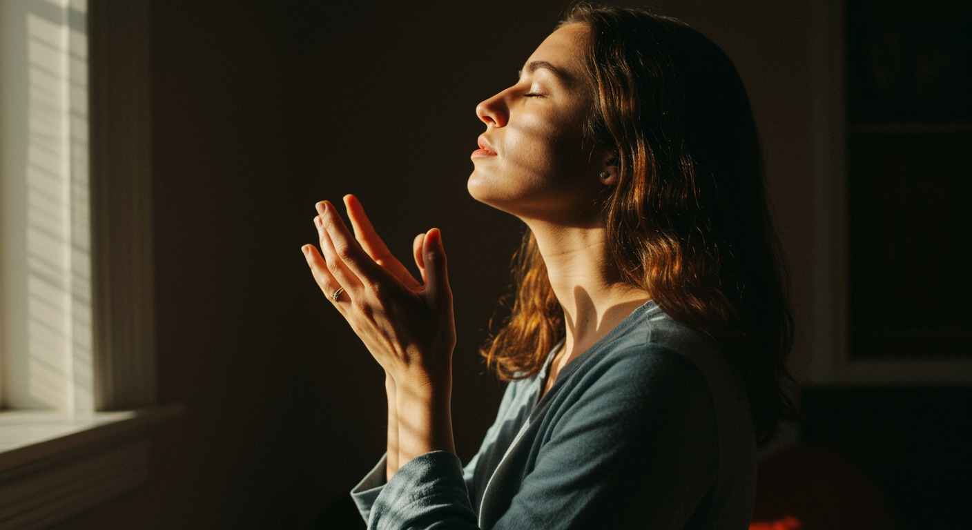 Person breathing deeply in warm sunlit room