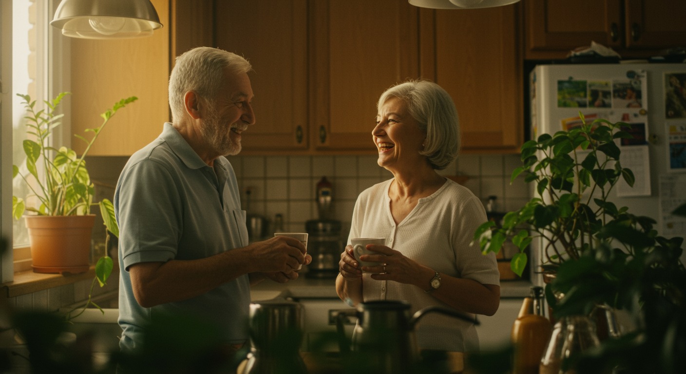 Older couple smiling and chatting over coffee in a sunlit kitchen with warm golden tones and lush green plants