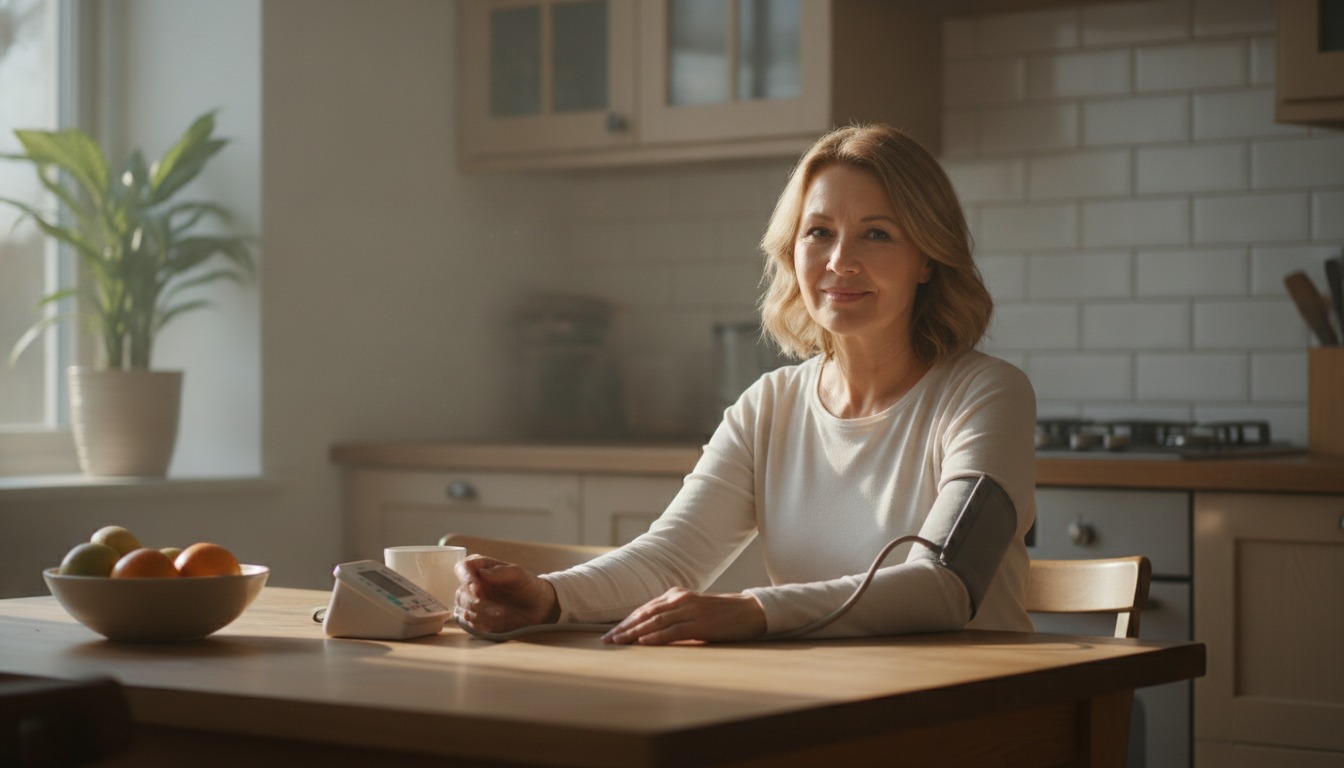 A middle-aged woman having her blood pressure checked with an arm cuff at a kitchen table in soft morning light