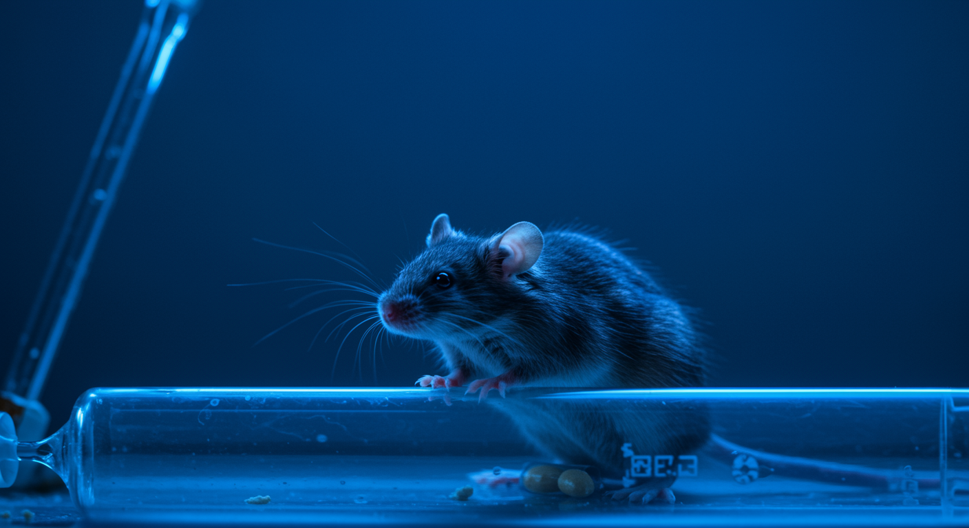 Laboratory mouse in research facility with blue lighting