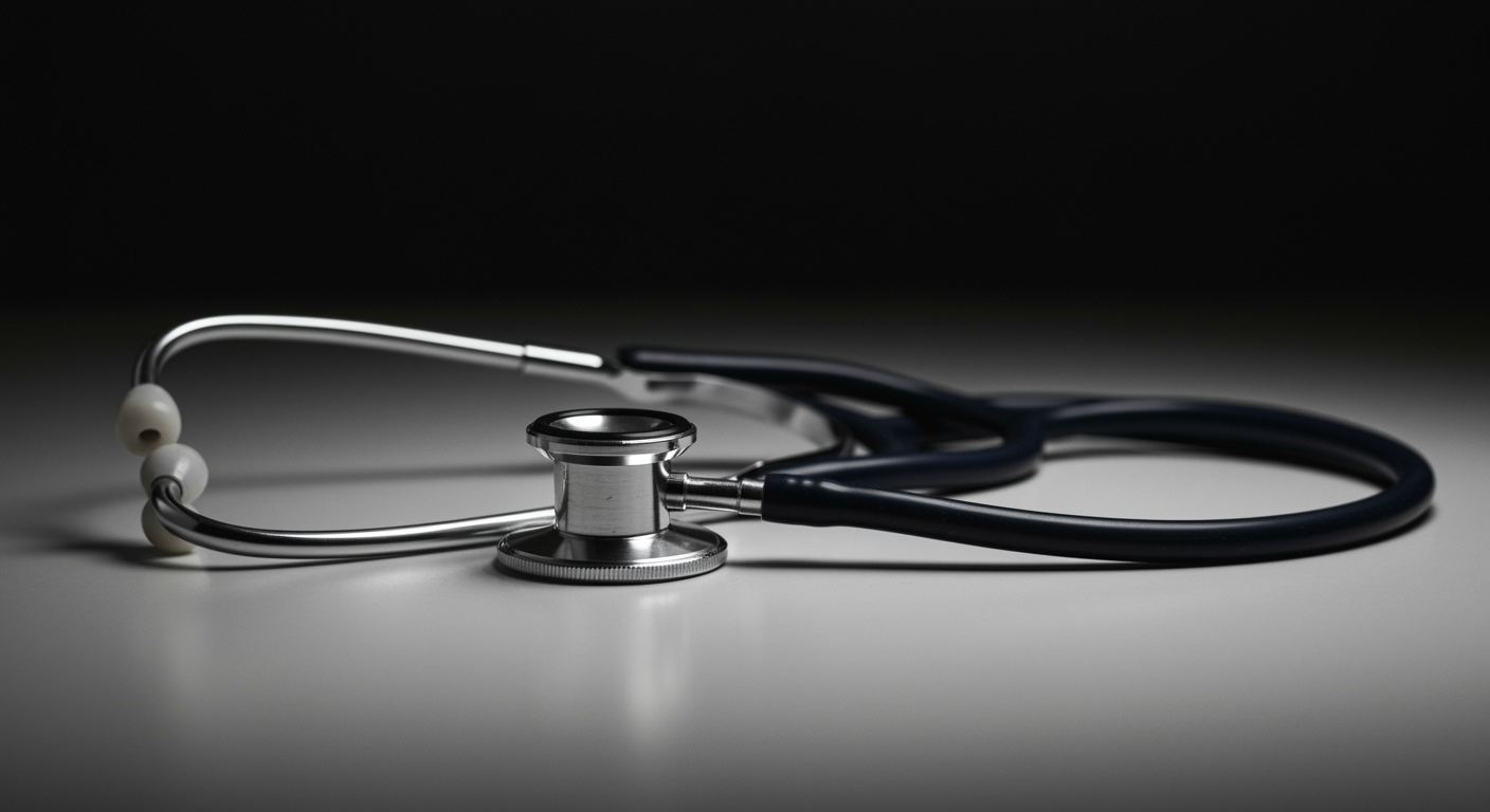 Vintage medical stethoscope on white surface with natural lighting