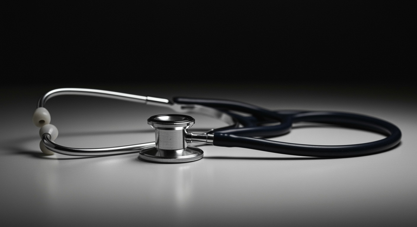 Vintage medical stethoscope on white surface with natural lighting