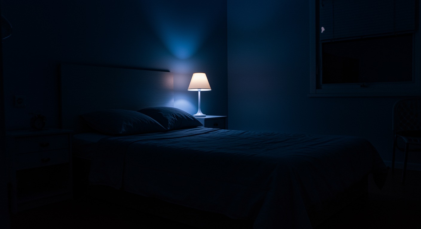 Minimalist bedroom at twilight with deep blue and lavender tones and a single bedside lamp glowing