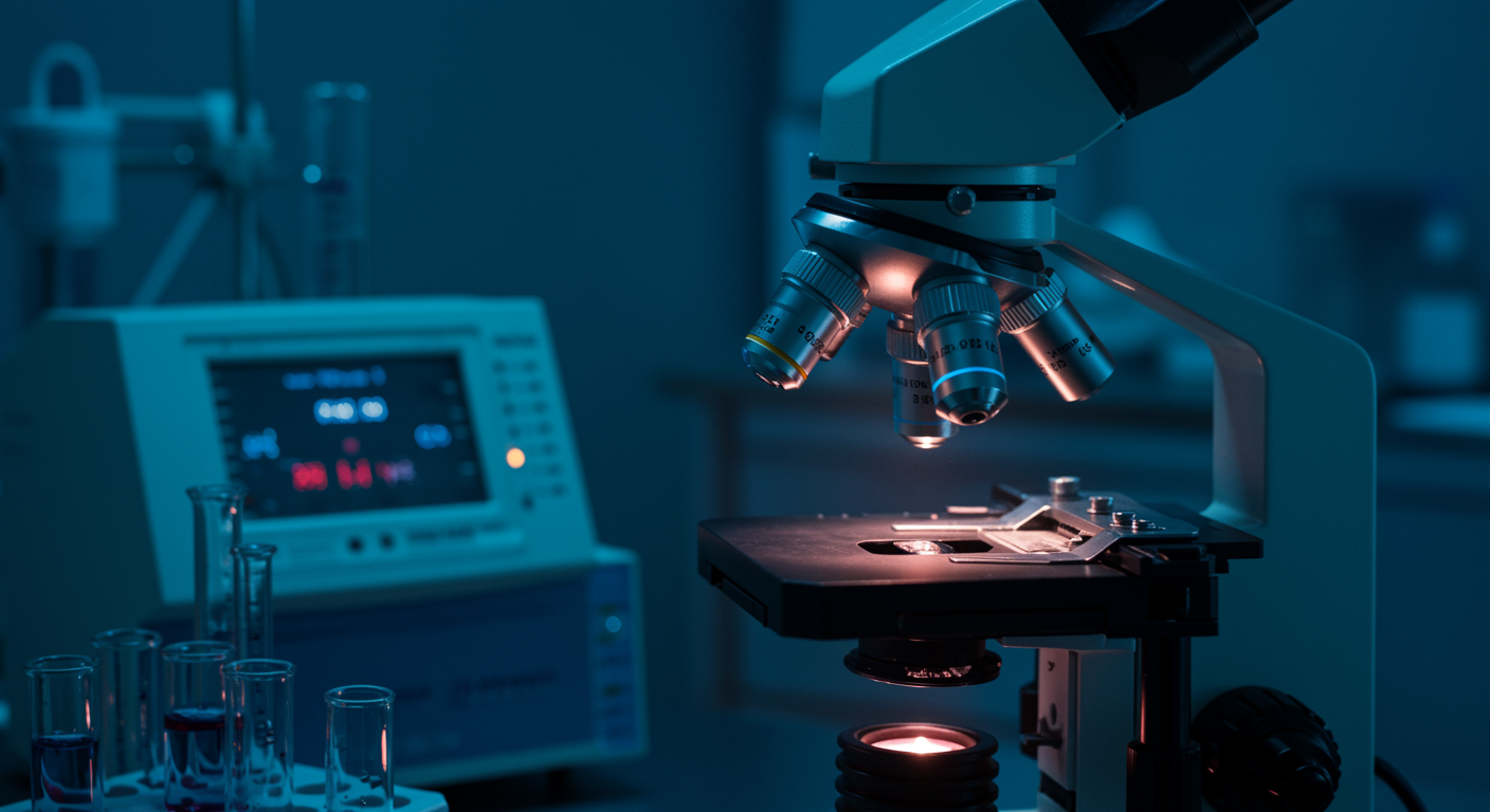 Laboratory microscope examining immune cells with cold therapy equipment in background