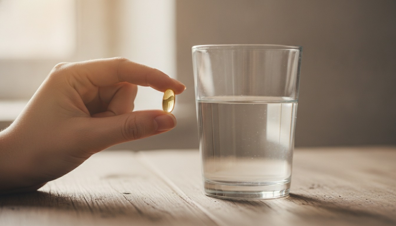 Close-up of a person holding a single amber fish oil capsule beside a glass of water on a wooden table in soft morning light