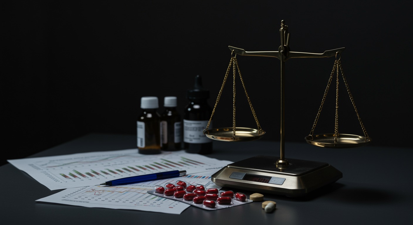 Medical scale and antidepressant medications with metabolic health charts on clinical desk with professional lighting