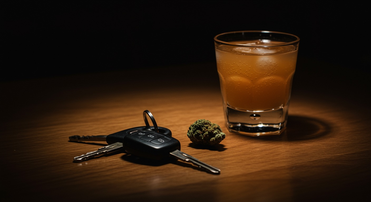 Close-up of car keys, a cocktail glass, and a small cannabis edible sitting on a wooden table in soft evening light