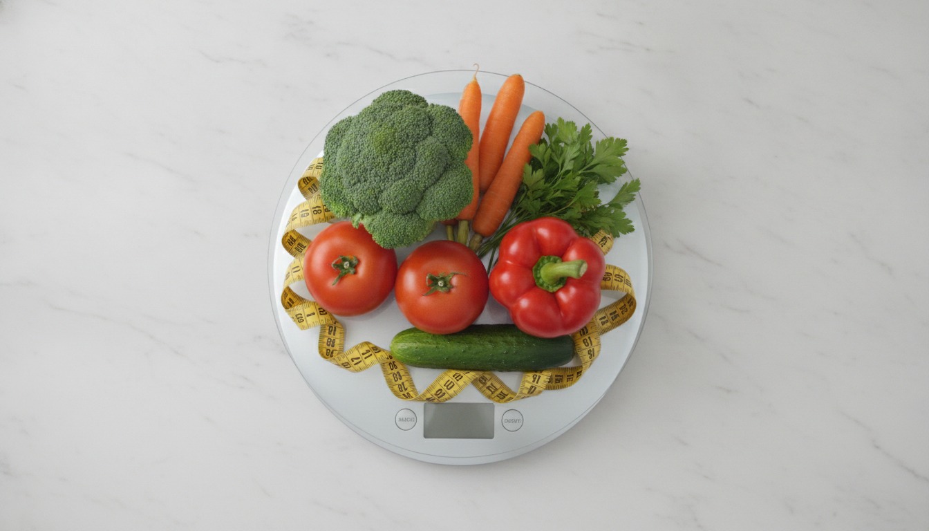 Overhead view of a tape measure curled around fresh vegetables on a clean kitchen scale