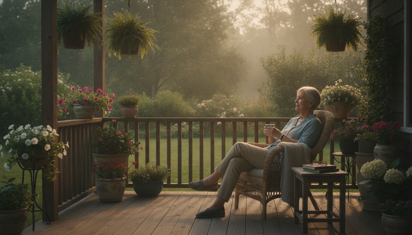 Older adult enjoying a quiet morning on a porch with a cup of coffee, surrounded by greenery in soft warm sunlight