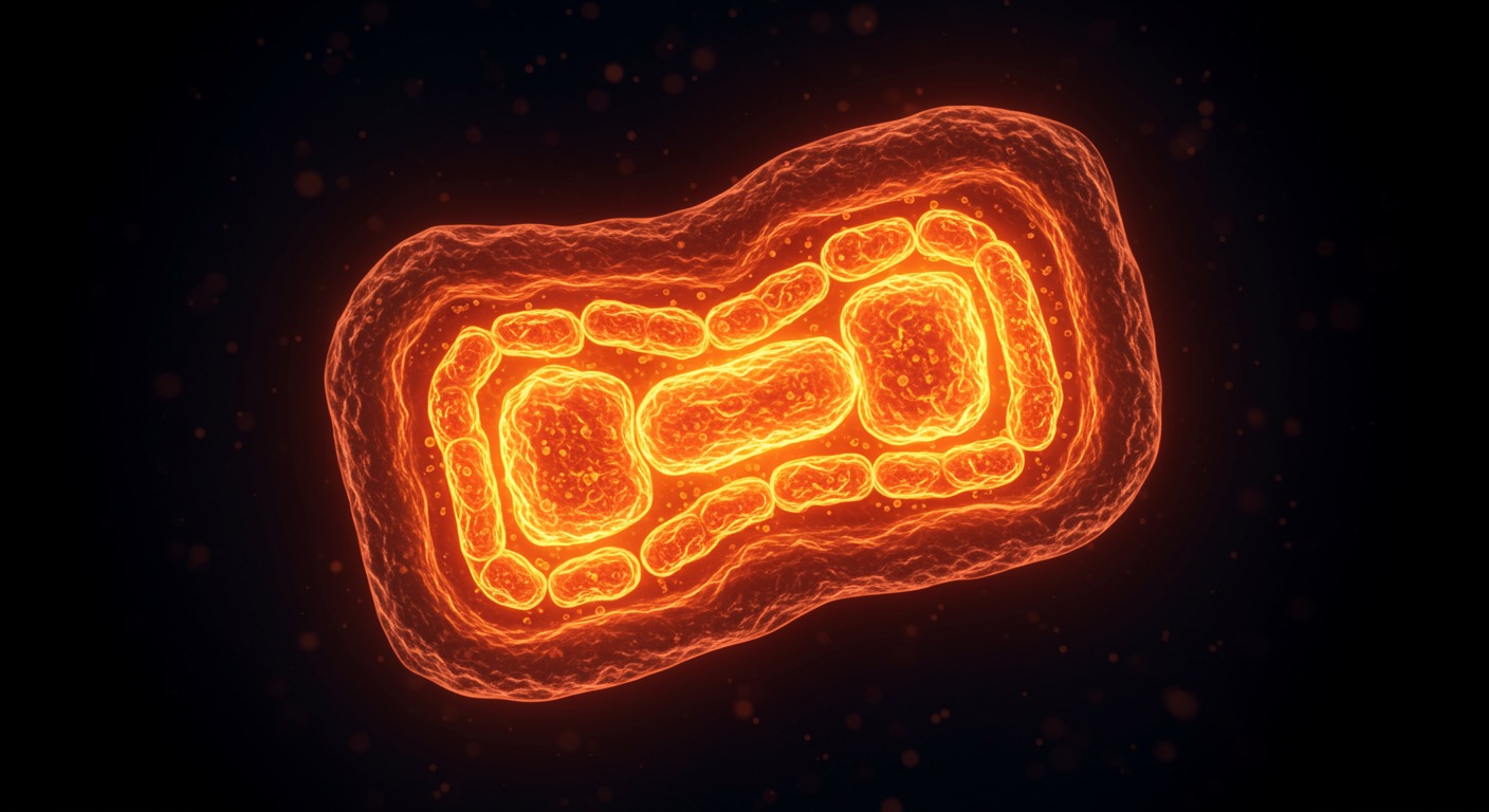 Mitochondria glowing warm orange inside cell