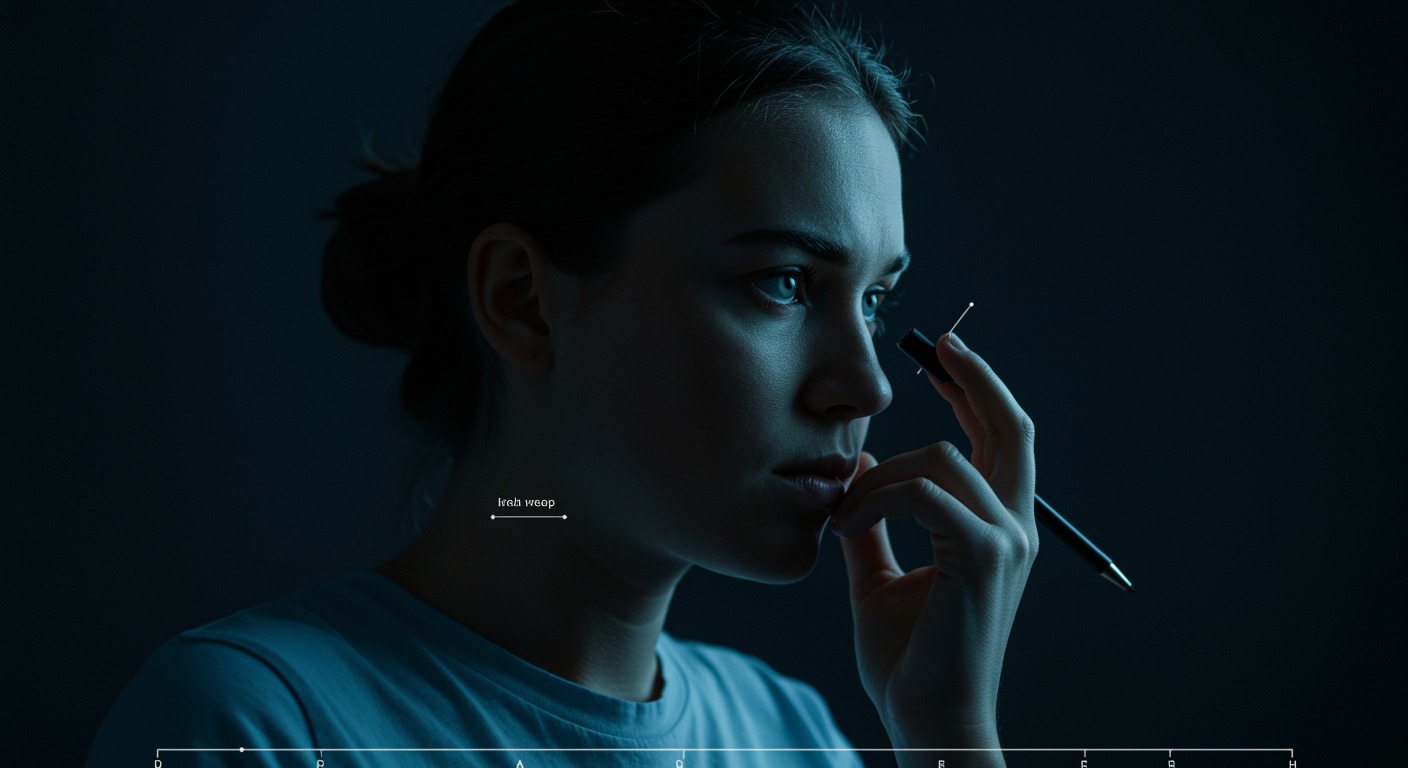 Photorealistic person showing fatigue and cognitive impairment after one night of restricted sleep, with performance testing visualization, soft clinical lighting, no text