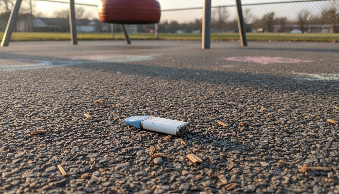 A discarded disposable vape lying on a school playground surface in soft late afternoon light