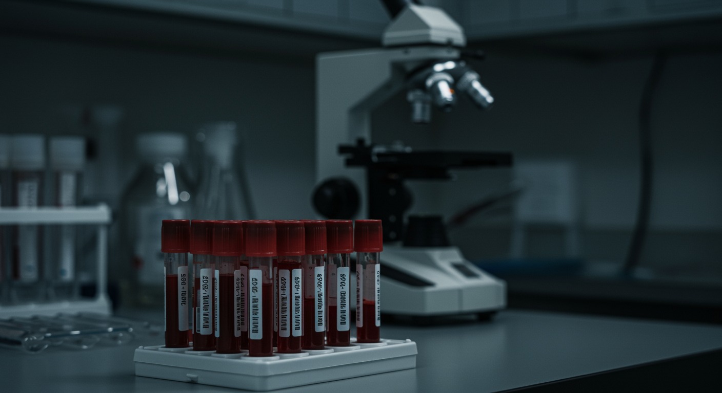 A row of labeled blood sample tubes on a laboratory bench with a microscope in soft focus behind them