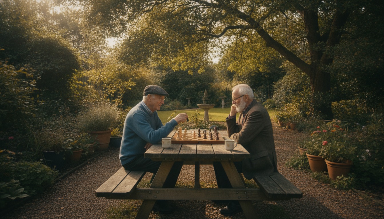 Senior man playing chess with a friend at a wooden outdoor table in a leafy garden with soft warm light