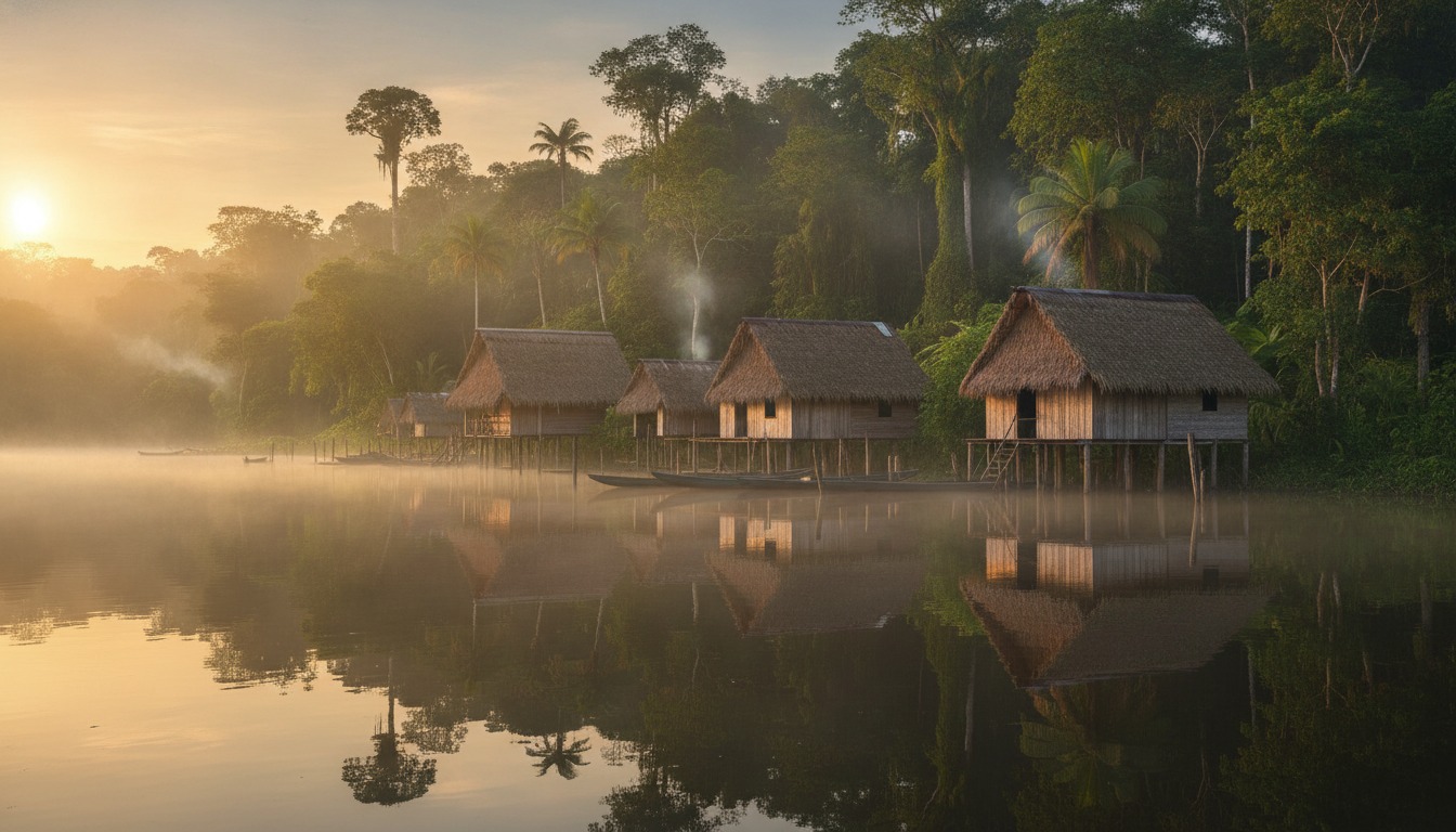 Thatched-roof wooden houses along a calm river bank in the Amazon rainforest at sunrise